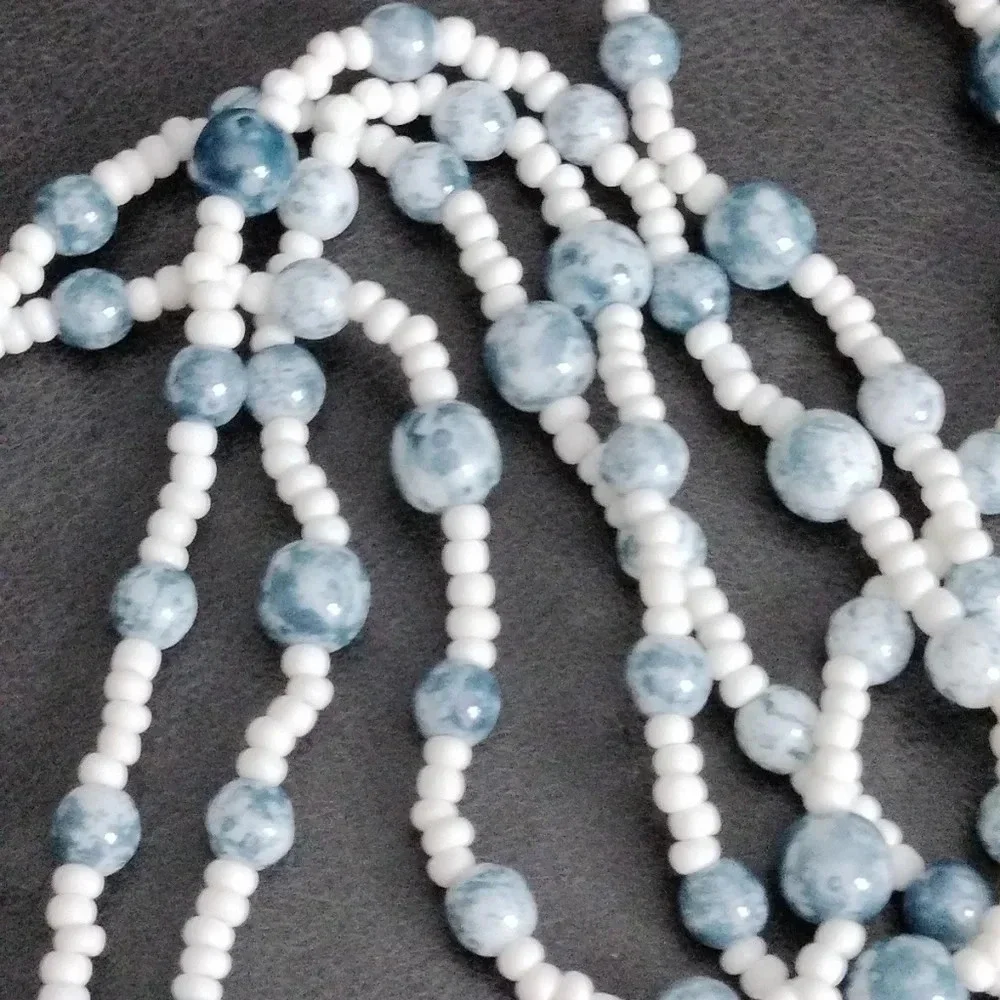Blue Gray White Glass Beaded long Necklace 23